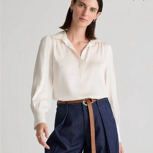 Quince Washable Stretch Silk Split Neck Blouse Medium